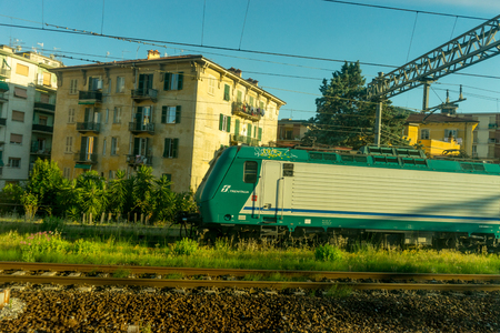 La Spezia, Cinque Terre, Italy - 26 June 2018: Trenitalia engine at outskirts of La Spezia Centrale railway station, Cinque Terre, Italyのeditorial素材