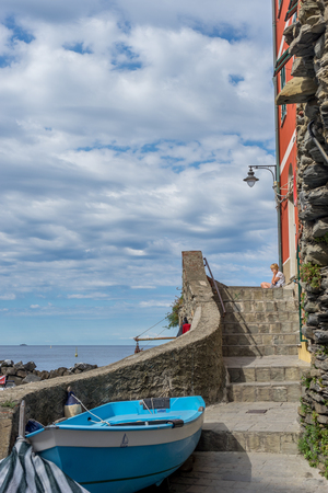 Riomaggiore, Cinque Terre, Italy - 26 June 2018: boat docked at the cove of Riomaggiore, Cinque Terre, Italyのeditorial素材