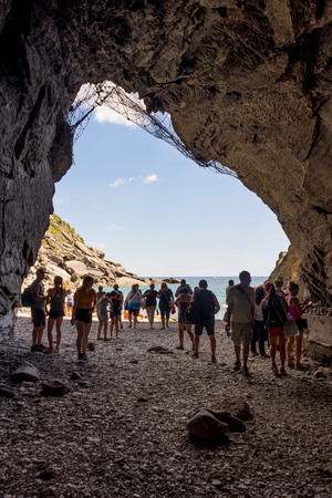 Vernazza, Terre, Italy - 26 June 2018: Tourists walking in the Cove overlooking the ocean sea at Vernazza, Cinque Terre, Italyのeditorial素材