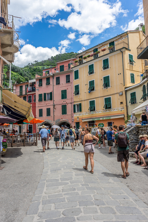 Vernazza, Cinque Terre, Italy - 26 June 2018: Tourists walking down the streets of Vernazza, Cinque Terre, Italyのeditorial素材