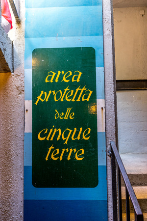 Vernazza, Cinque Terre, Italy - 27 June 2018: Signs pointing to the area protetta delle cinque terre, Cinque Terre, Italyのeditorial素材