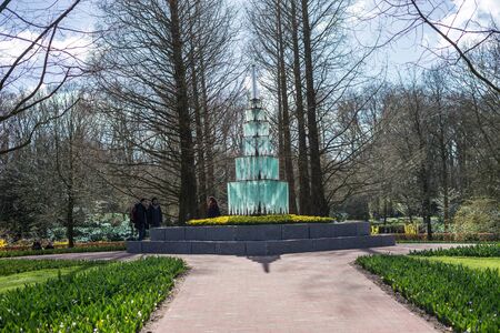 Flower garden, Netherlands, Europe, a large tree in a parkの写真素材