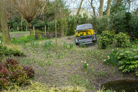 Flower garden, Netherlands, Europe, a yellow school bus parked in a gardenの写真素材