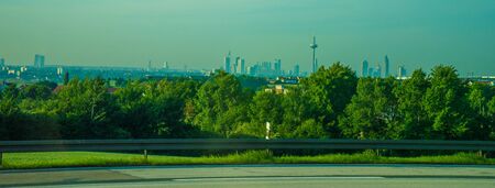 Germany, Frankfurt, Sunrise, Outkirts, a view of a city skylineの写真素材