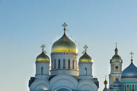Golden domes on orthodox churches in Russia. Diveevo