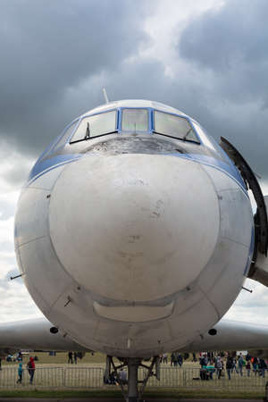 Zhukovsky city, Moscow region, Russian Federation - August 30, 2015. Maks 2015 - International Aviation and Space Salon. Front view of the passenger airplane tu-155 in the airportのeditorial素材