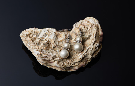 Pearl earrings on the oyster shell on black background with reflection. Jewelryの写真素材