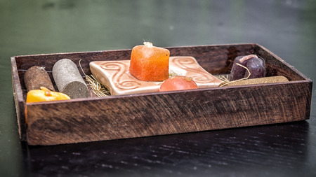 SPA box made of wood with candles and sticksの写真素材