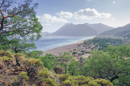 Turquoise water in lagoon near beach on Turkish resort, Cirali, Turkeyの写真素材