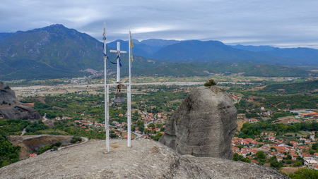 Meteora Rocks with Kalampaka town on the background, Trikala region, Greeceの写真素材