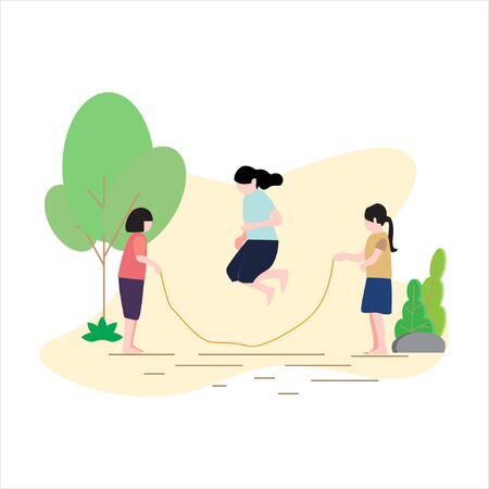 Vector girls play jump rope in the yard cheerfully. Traditional game with a rope made of rubber bands connected. Traditional sport. Outdor flat illustrationのイラスト素材
