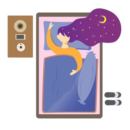 Flat illustration of a girl who sleeps in bed at night with beautiful dreams. Modern vector cartoon illustration.のイラスト素材