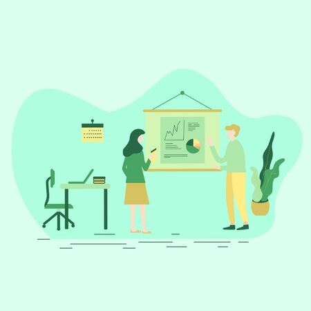 Modern vector illustration. Flat illustration concept of business meeting, teamwork, training, improving professional skill.Employee presenting and discussing with female supervisor using data analyzeのイラスト素材