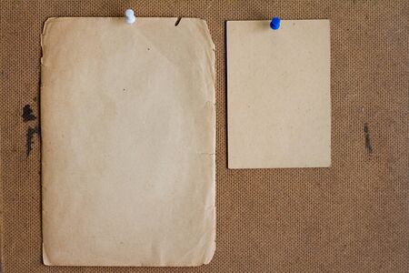 Sheets of paper pinned to the plywood.の写真素材