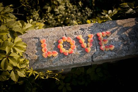 The inscription "love" from the marmalade and wedding rings on a stone fence of the old castle.の写真素材