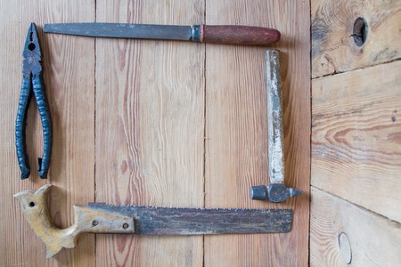 Carpentry tools on a wooden table topの写真素材