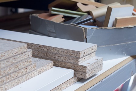 MDF, PARTICLE BOARD. Wood panels of different thicknesses and colors.の写真素材