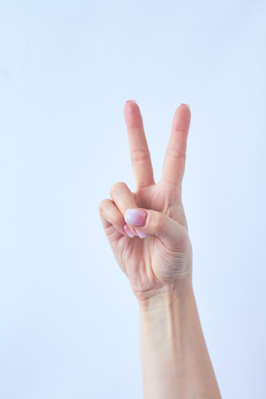 Hand gesture isolated on white isolated background, free space for text.の写真素材
