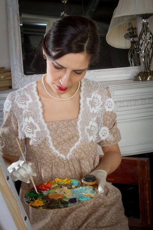 Girls in vintage dresses in the oil painting class. Added a small grain, imitation of film...