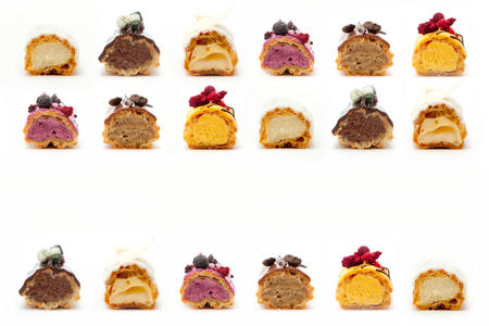 Delicious eclairs in a cut with various fillings and design isolate on a white background, the...