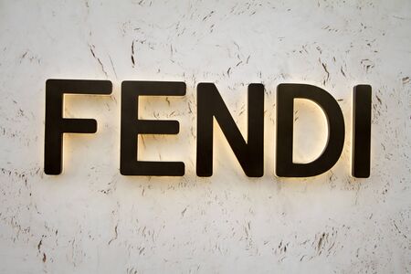 Paris, France - July 06, 2018: Luminous sign of Fendi fashion boutique clothing footwear and accessories in Parisのeditorial素材
