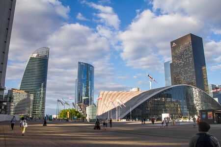 Paris, France - July 10, 2018: View of the exit from the metro station and glass skyscrapers of office buildings in the district of La Defense in Parisのeditorial素材