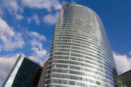 Paris, France - July 10, 2018: Bottom view of the glass skyscrapers of the business district of...