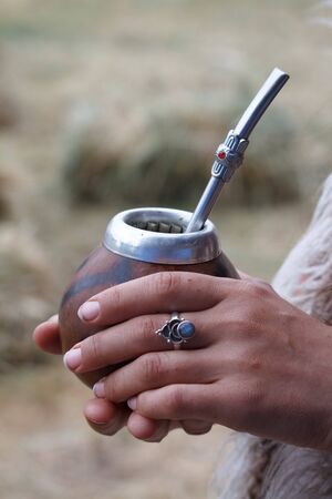 Womans hands hold traditional calabash gourds for yerba mate on the wooden surface, selective focus