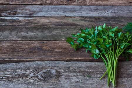 Bunch of fresh green parsley on old rough wooden surface, healthy eating concept, selective focus