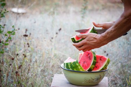 Mens hands cut ripe watermelon into slices, picnic outside, selective focus, copyspaceの写真素材
