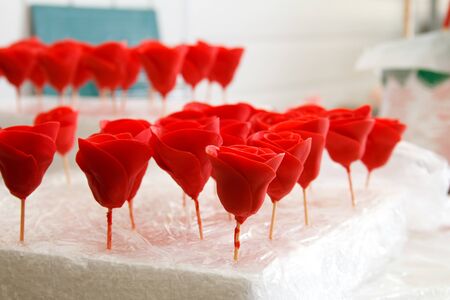 Close up confectionery decoration wedding or birthday marzipan roses, selective focusの写真素材
