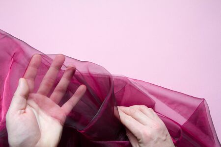 Top view of male hands holding purple tulle or organza on a pink background, selective focusの写真素材