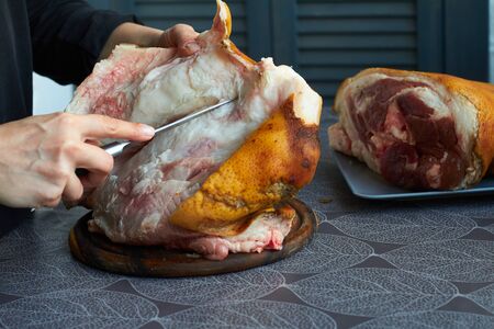 Step by step recipe for pork knuckle roll, ketogenic diet, low-carb diet, selective focusの写真素材