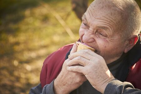 Eighty-year-old man walks in public park, eats ice cream in a waffle cupの写真素材