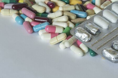 Concept of treatment, options for forms of pharmacological preparations, backdrop of multicolored...