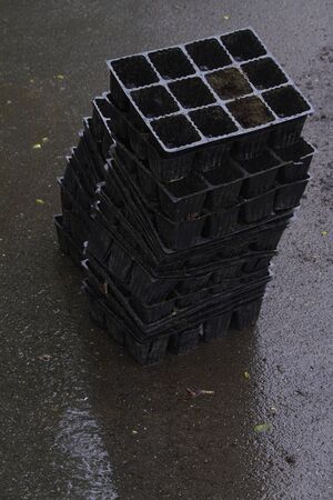Lot of used plastic pots from seedlings of flowers near blooming flower bed in public park, selective focusの写真素材