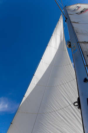 Bottom view of mast and sail of yacht on blue sky backdrop, selective focusの写真素材