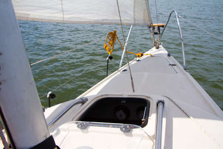Shine Yacht tackle during ocean voyage over waves, sailing concept.の写真素材