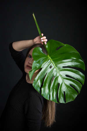 Portrait of beautiful woman with green tropical leaf on black backgroundの写真素材