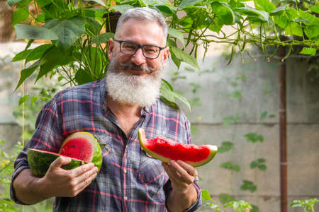 Portrait of mature bearded male farmer with red ripe watermelon, own harvest concept, selective focusの写真素材