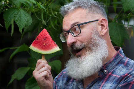 Portrait of mature bearded male farmer with red ripe watermelon, own harvest concept, selective focusの写真素材