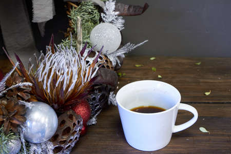 Extreme close-up detail of Christmas wreath decorated with fir branches, Christmas balls and natural materials, New Year conceptの写真素材
