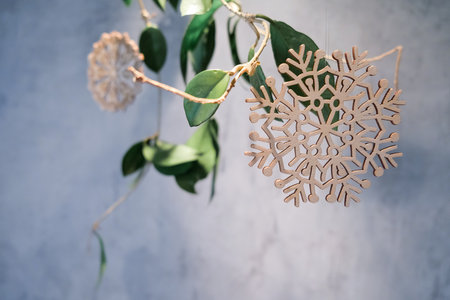 Homemade graceful wood decor and plant over cement wall, minimalistic scandinavian decor, selective focusの写真素材