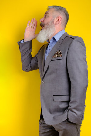 Studio portrait mature bearded man in gray business suit screams and calls aside, search and call concept, yellow background.の写真素材