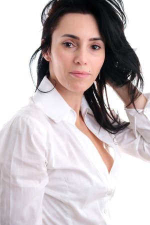 Portrait of beautiful mature brunette woman isolated on grey white background, copy spaceの写真素材