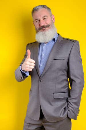 Studio portrait mature bearded businessman dressed in gray suit shows thumb up, successful business concept, yellow backgroundの写真素材