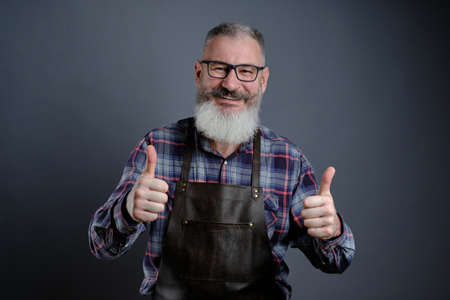Portrait of handsome mature bearded man dressed leather apron gesturing thumbs up over gray background, caucasian worker with beard smilingの写真素材