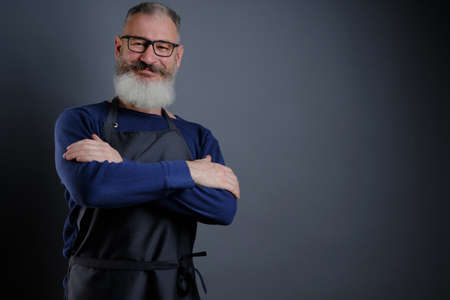 Portrait of handsome mature bearded apron-wearing man isolated on gray background, caucasian workman with beard smilingの写真素材