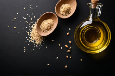 Discover the rich aroma and culinary versatility of sesame oil against a sleek black backdrop, where tradition meets innovation to elevate your culinary creations to new heights of flavor and sophistication.の写真素材