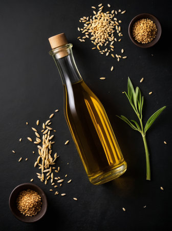 Discover the rich aroma and culinary versatility of sesame oil against a sleek black backdrop, where tradition meets innovation to elevate your culinary creations to new heights of flavor and sophistication.の写真素材